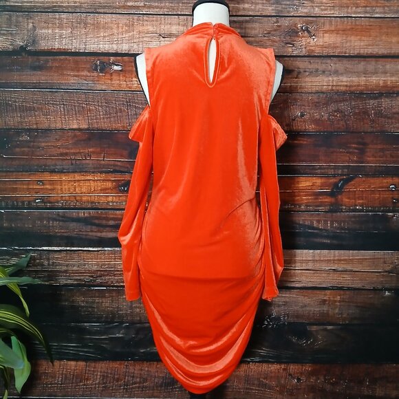 Juicy Couture Dress XL Velour Ruched Bodycon Cold Shoulder High Neck Red Orange - Picture 4 of 10